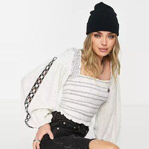 NWT New $148 Free People Maggie Embroidered Shirred Ivory Blouse Top Size S